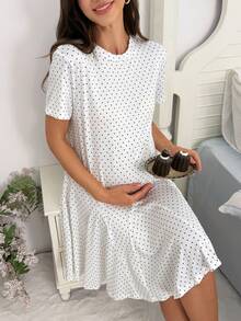 Moonlight&Mama Women's Casual Black Small Polka Dot Print Mid-Length Short Sleeve Maternity Nightgown - White - View 7