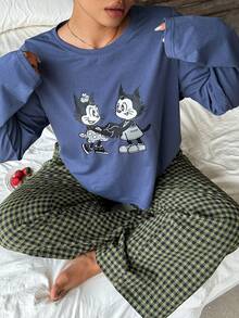 Dazy Plus Cute Pattern Print Long Pants Set Plaid Pants Plus Size Women Spring Summer Pajama Set - Blue - View 2