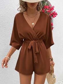 Vivid Eden Women's Summer V-Neck Criss-Cross Wrap Waist Tie-Up Textured Fabric Lace Trim Casual Vacation Romper - Brown - View 4
