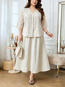 Modelyn Bestickte Mesh & gewebte Patchwork figurbetonte elegante schwere Handwerkskunst Design Bluse mit Rock, Aprikose Große Größen 2-teiliges Set - Beige - Übersicht 4