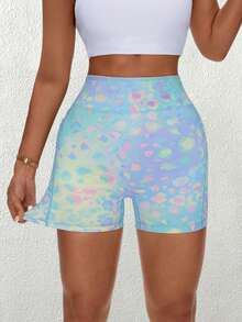 SHEIN Sovereign Charm Colorful Leopard Print High Waist Tight Workout Shorts, Summer Short Pastel Tie Dye Biker With Pockets Women Training Rave Yoga - Multicolor - View 4