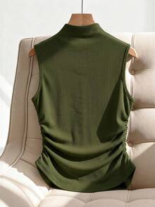 SHEIN Raffinéa 休閒時尚金屬裝飾腰部抓皺修身通勤背心 - 軍綠色 - 查看 2
