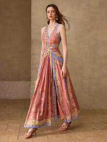 MOTF PREMIUM WOMEN'S AUTUMN/WINTER V-NECK PLACED PRINT WAIST CUTOUT DESIGN LONG DRESS - Multicolor - View 5