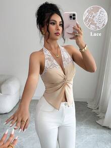 SHEIN Clasi Women's Fashion Halter Neck Tie Strap Open Shoulder Lace Patchwork Twisted Chest Design Elastic Slim Fit Glossy Tank Top, Summer Elegant Sexy White - Champagne - View 6