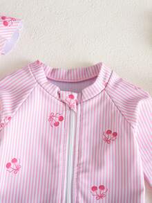 SHEIN Newborn Striped Cherry Print One-Piece Swimsuit - Baby Pink - View 5
