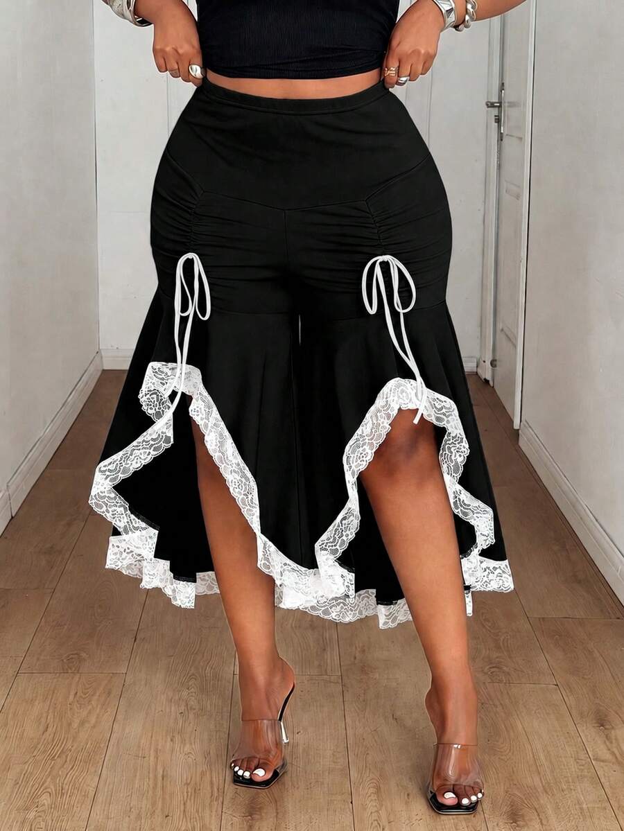 Maweii Plus Size Women's Elegant Solid Color Fabric & Lace Trim Patchwork Ruched Tie Asymmetrical Flare Pants, Daily Wear, Commute Wear - Black - View 1