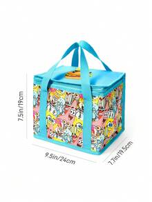 SpongeBob SquarePants | SHEIN 卡通海綿角色主題印花大容量保溫便當袋，藍色飾邊，可攜式保冷手提袋，適用野餐、學校與日常使用 - 藍黃色 - 查看 7