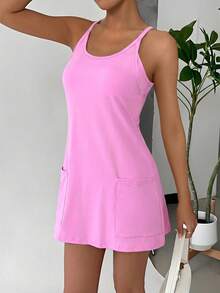 SHEIN EZwear 女士休闲纯色吊带连衣裙，适合夏季日常通勤 - 粉色 - 查看 5