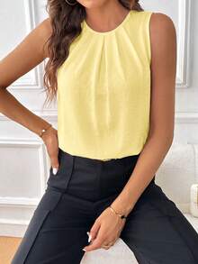 SHEIN Clasi 女款純色圓領百褶休閒百搭日常穿著襯衫 - 淡黃色 - 查看 1