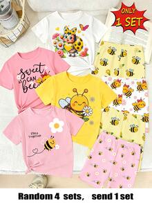 Blind Box Set 1pc Girls Toddler Bee Flower Heart Letter Print Basic Short Sleeve T-Shirt And Cycling Pants - Multicolor - View 2