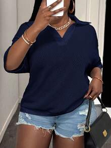 Slaydiva Plus Size Summer Casual Solid Color Knit Top - Navy Blue - View 8