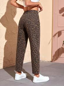 SHEIN PETITE Women's Fashion Versatile Leopard Print Button Pocket Denim Jeans - Multicolor - View 2