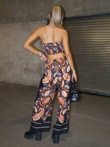 Brooke Lily Bohemian Cashew Paisley Print Strapless Crop Top With Asymmetrical Hem And Elastic Waist Loose Pants 2 Pieces Outfit Elegant Summer - Multicolor - View 2