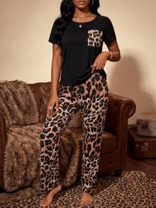 Bare Chapter Leopard Print Short Sleeve Top And Matching Pants Pajama Set With Pockets Leopard Print Pajamasleopard Pajamascheetah Print Pajamas - Black - View 3