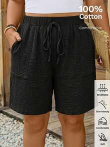 Comfylo Shorts de talla grande con textura, unicolor, cintura con cordón y bolsillos para vacaciones - Negro - Ver 1