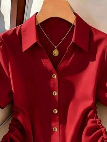Franclia 女士休闲纯色褶皱短袖衬衫 - 紅色 - 查看 5