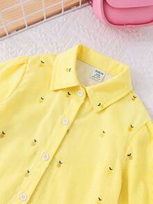 SHEIN Blouse à manches longues jaune décontractée pour jeune fille avec imprimé citron et rayures verticales, chemise élégante et confortable, accessoires jaunes pour fille - Jaune citron - Voir 5