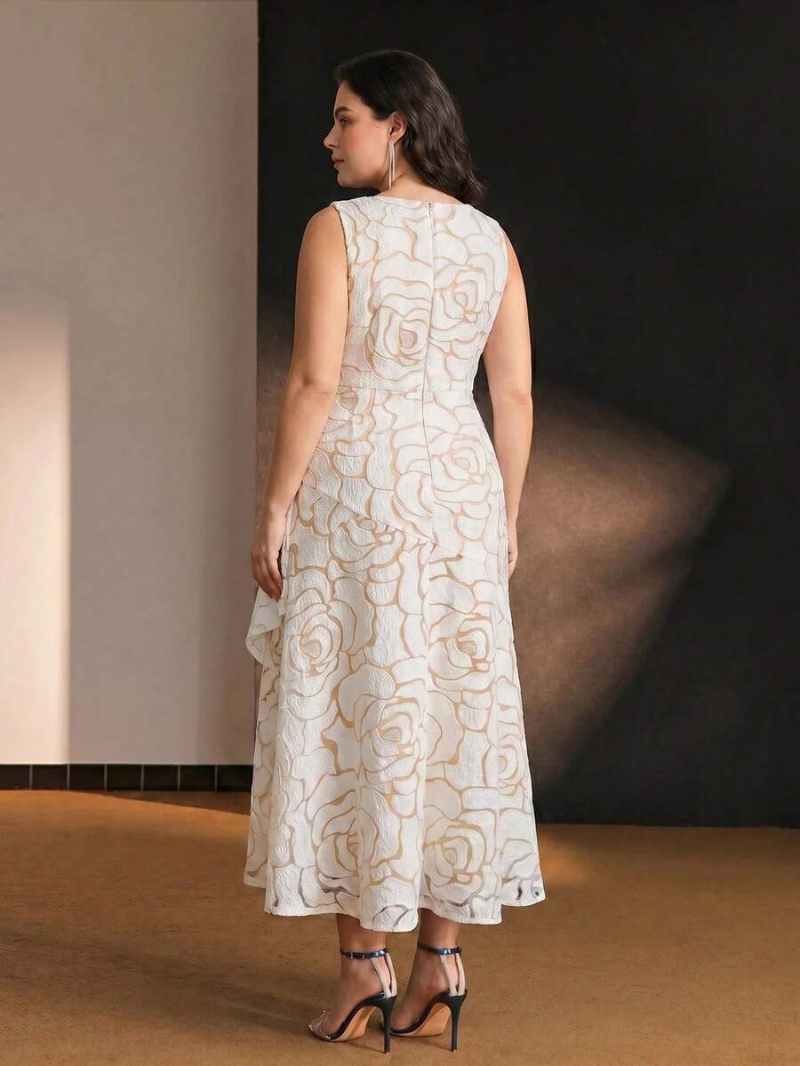 MOTF PREMIUM PLUS SIZE WOMEN'S FLORAL PATTERN ASYMMETRICAL HEM MIDI DRESS - White - View 2