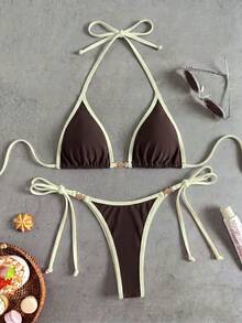 Swim Vcay 女款 2 件式熱帶可愛多色性感比基尼套裝，掛脖上衣與三角泳褲，熱銷海灘度假休閒優雅情人節派對比基尼套裝穿搭 - 彩色 - 查看 3