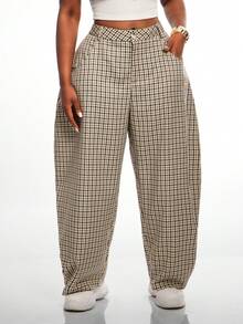 Radiana Plus Size Women's Plaid Button Spring/Summer Fashion Casual Loose Curved Leg Pants With Large Pockets - Multicolor - View 1