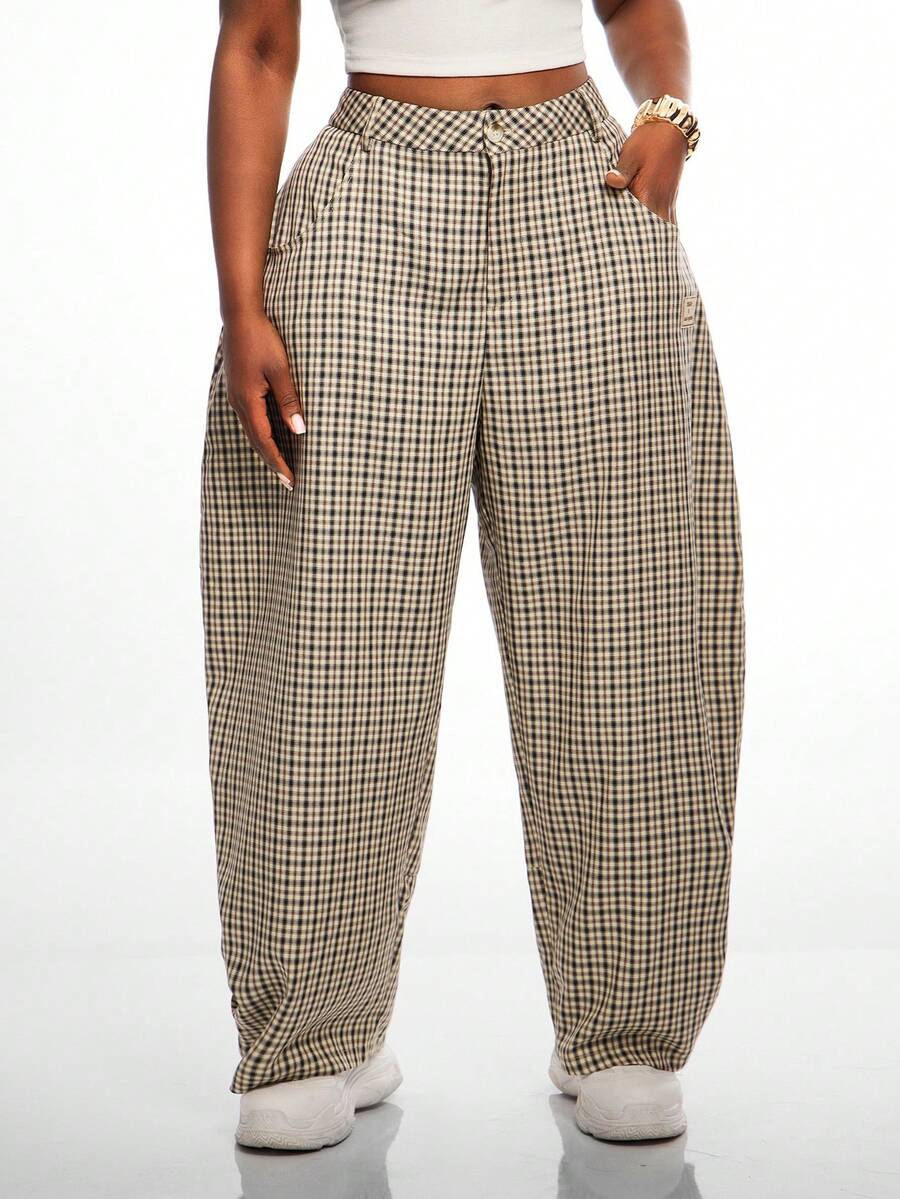 Radiana Plus Size Women's Plaid Button Spring/Summer Fashion Casual Loose Curved Leg Pants With Large Pockets - Multicolor - View 1