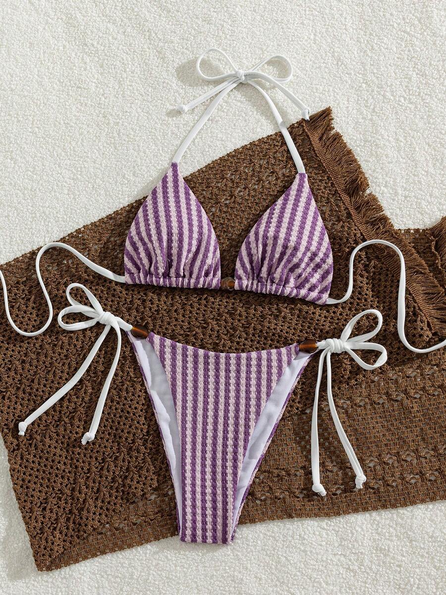 Swim Mod Ladies' Spring/Summer Beach Music Festival Knitted Jacquard Striped Bead Halter Sexy Fashion Elegant Bikini Set - Multicolor - View 1