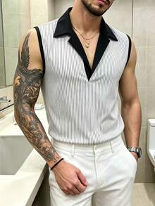 Manfinity Dauomo Men's Striped Colorblock Casual Tank Top - Black and White - View 4