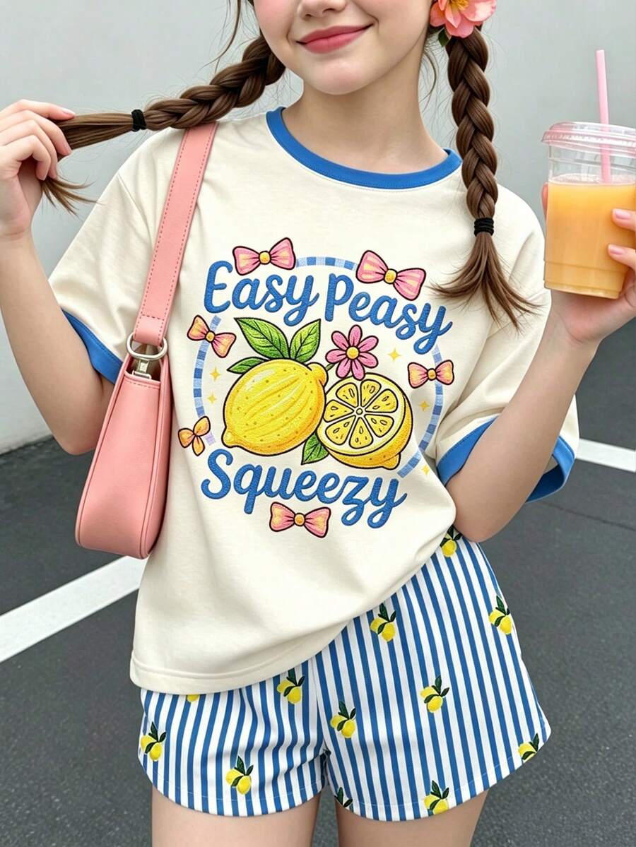 Tween女孩休閒極簡美式復古風,甜美夏季熱帶水果檸檬圖案,復古黃色與白色格紋,田園海灘度假風,短袖與短褲兩件套夏季套裝,圖案印花,可愛,Y2K - 彩色 - 查看 1