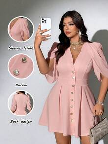 Viva Relle Plus Size Women's Spring/Summer New Arrival Elegant Sophisticated Lightweight Luxury Style Beige Apricot Cape Sleeve Dress, V-Neck Metal Buckle Waist Cinched Slimming Short Skirt. Suitable For Office Commute, Business Dating, Urban Streetwear, Sophisticated Lightweight Luxury Fashion Apparel, Minimalist Fashion Plus Size Women's Clothing. - Pink - View 1