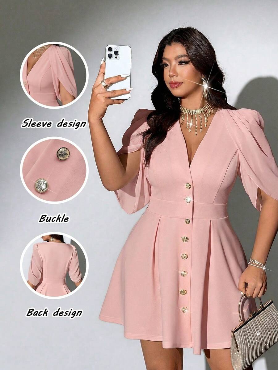 Viva Relle Plus Size Women's Spring/Summer New Arrival Elegant Sophisticated Lightweight Luxury Style Beige Apricot Cape Sleeve Dress, V-Neck Metal Buckle Waist Cinched Slimming Short Skirt. Suitable For Office Commute, Business Dating, Urban Streetwear, Sophisticated Lightweight Luxury Fashion Apparel, Minimalist Fashion Plus Size Women's Clothing. - Pink - View 1