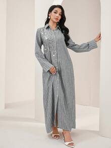 Veilorie 女款條紋亮片裝飾前開扣阿拉伯風洋裝 - 淺灰色 - 查看 4