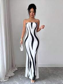 Glyssa Standard Size Elegant Women's Designed Fitted Blue And White Porcelain Print Waist-Cinching Slit Long Dress, Luxury Vintage Style, Suitable For Evening Party / High-End Cocktail Party / Brand Event / High-End Date / Anniversary Dinner / New Chinese Style / National Style Theme Event / Cultural Exhibition / Vacation / Beach / Estate Travel - Black and White - View 6