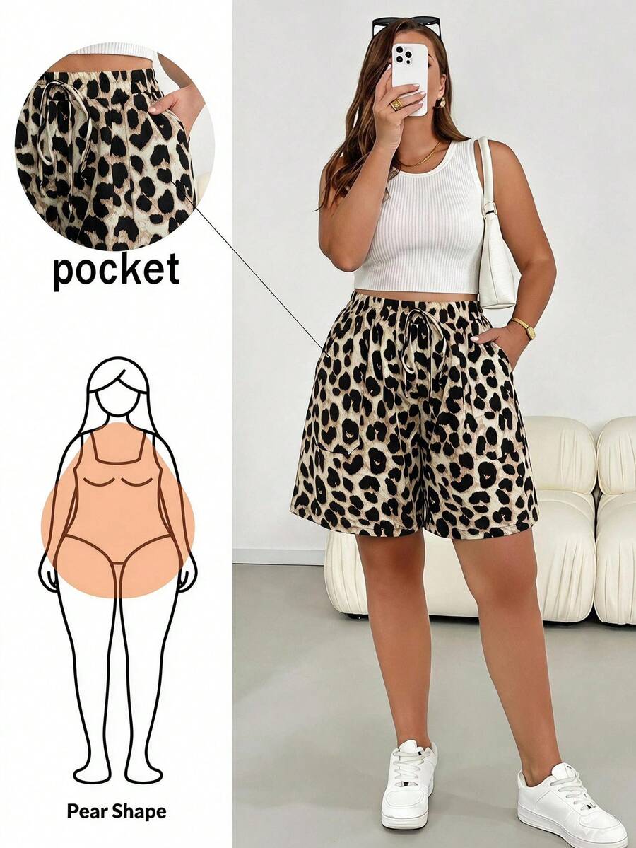 Shapeblank Plus Size Leopard Print Comfortable Casual Shorts With Pockets - Brown - View 1