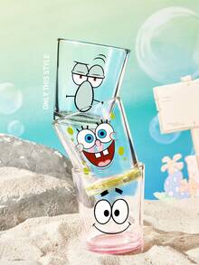 SpongeBob SquarePants | SHEIN 卡通角色印花蘇打石灰玻璃杯，11.50oz/340ml 單件裝飲水杯，可愛臉部設計玻璃杯，適用於水、果汁與飲料 - 無色 - 查看 2