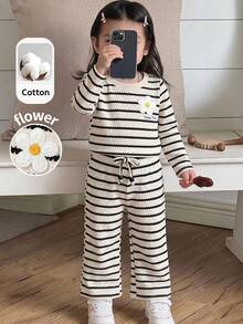 SHEIN Baby Girl Knit Striped Floral Round Neck Top And Long Pants Set - Multicolor - View 6