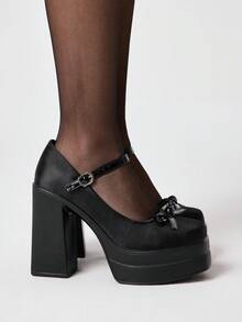 ROMWE Women Shoes Fashionable And Sexy Platform High-Heeled Shoes, Punk Style Gothic Bow Decoration With Buckle Design Women's Shoes, Spring And Autumn - Black - View 5
