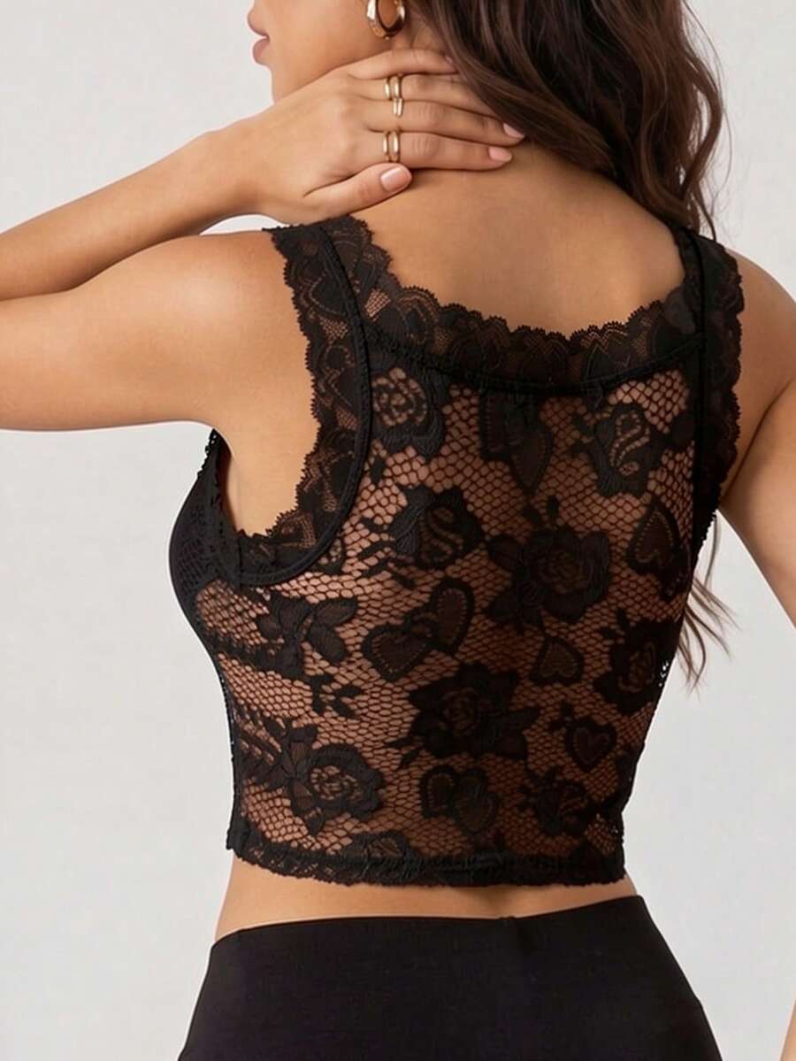Rafferiza Tank Top Patchwork Renda Modis, Gaya Kasual Minimalis untuk Pemakaian Sehari-hari - Hitam - View 1
