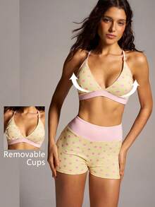 VARSIVA Conjunto deportivo de top corto de cuello halter y shorts con estampado de lunares para mujer - Multicolor - Ver 8