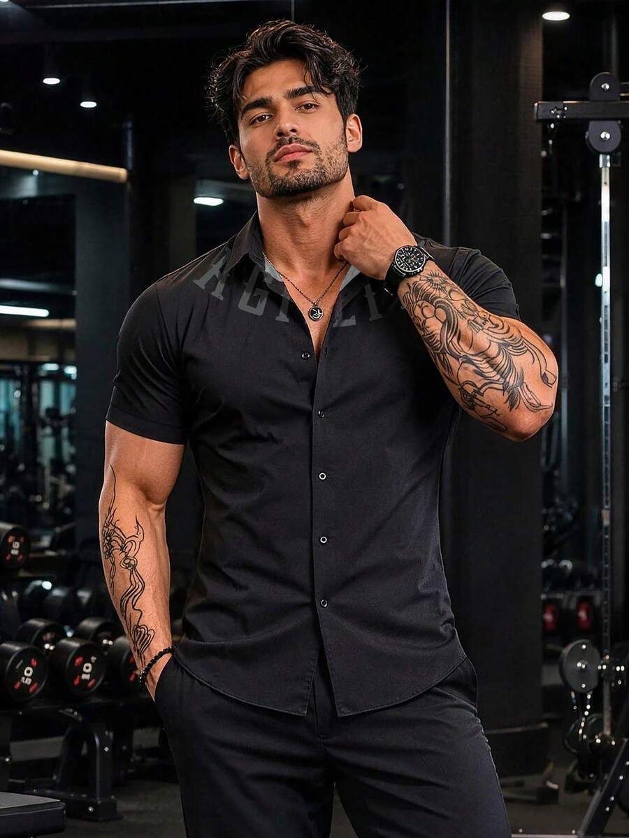 Gym Rark Men's Letter Print Single-Breasted Casual Athleisure Versatile Daily Workout Gym Travel Sports Shirt Black Summer - Multicolor - View 1