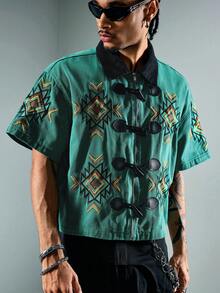 ROMWE MEN Street Life Men's Geometric Embroidery Short Sleeve Denim Shirt With Horn Buttons - Green - View 8