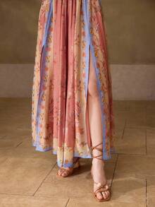 MOTF PREMIUM WOMEN'S AUTUMN/WINTER V-NECK PLACED PRINT WAIST CUTOUT DESIGN LONG DRESS - Multicolor - View 6