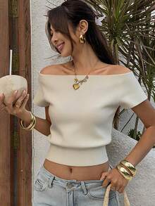 DAZY Women Off-Shoulder Short Sleeve Casual Knit Top, Solid Color - White - View 8