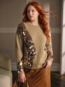MOTF PREMIUM WOMEN'S PLUS FASHIONABLE AUTUMN/WINTER SEQUIN EMBROIDERED CREW NECK PULLOVER SWEATER - Khaki - View 5