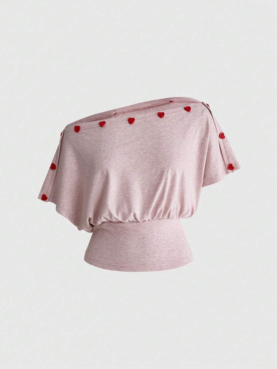 Sweetness Vintage Loose Off-Shoulder Heart Button Decor Batwing Sleeve Women's T-Shirt - Pink - View 1