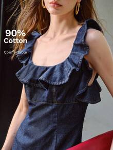 MOTF PREMIUM VESTIDO DE DENIM PARA MUJER CON CUELLO DE VOLANTE Y CINTURA AJUSTADA PRIMAVERA/VERANO - Azul - Ver 2