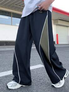 SHEIN Tween Boy Straight Side Color Block Splice Sports Pants, Suitable For Autumn/Winter Casual, Outdoor, School Occasions - Navy Blue - View 4