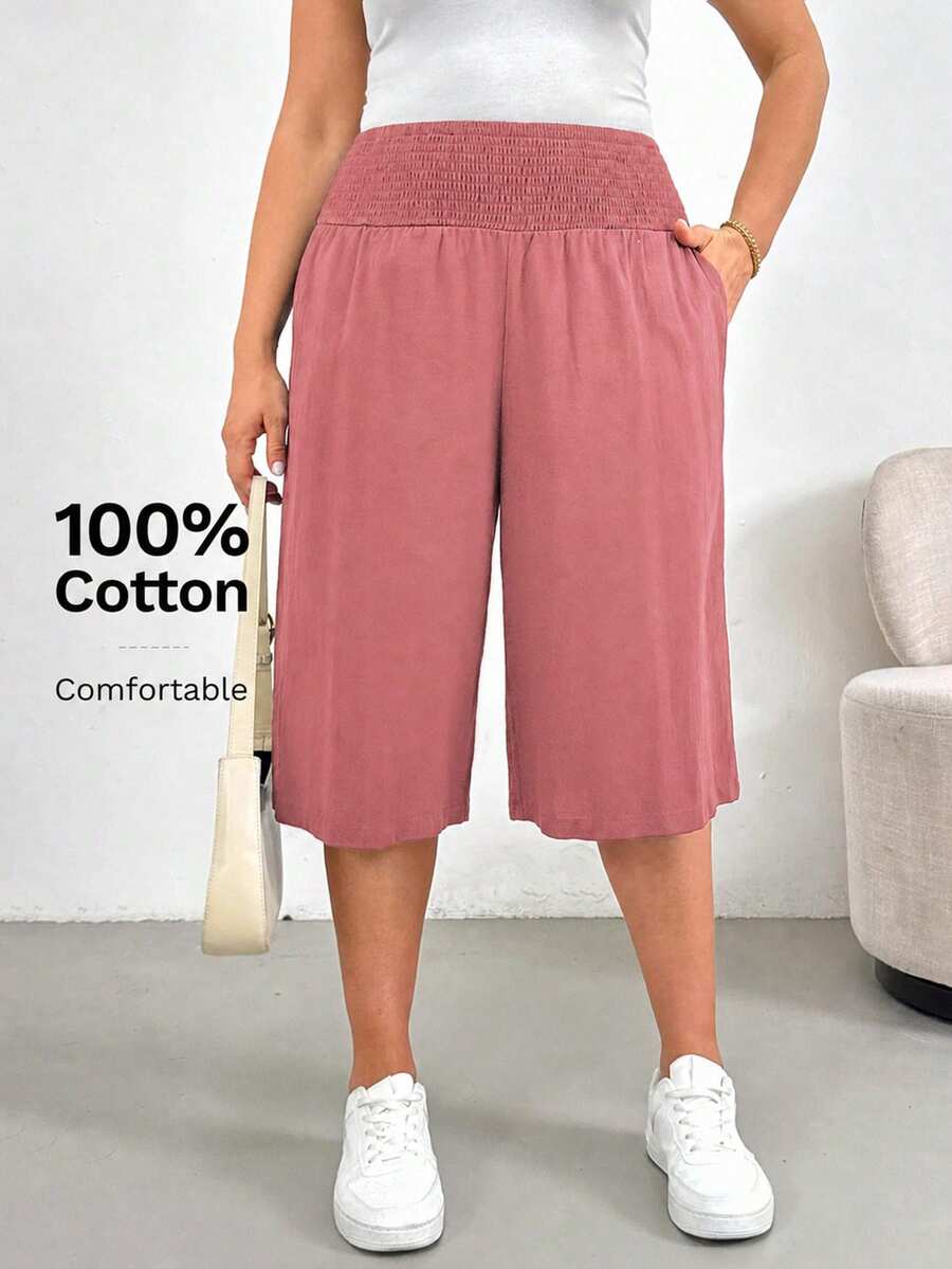 Shapeblank Plus Size Summer Casual Versatile Solid Color Pants Formal Vacation Dusty Pink - Redwood - View 1