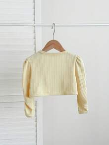 SHEIN 女童抓皺袖前開短版上衣，舒適百搭，適合春秋夏季，適用 4-7 歲，適合外出、上學、居家、度假與旅行，休閒日常穿著，姐妹款與母女套裝 - 芥末黃 - 查看 2