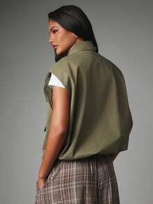 MISSGUIDED Sleeveless Zip-Up Utility Vest Jacket With Spread Collar Patch Pockets Cropped Hip Length Lightweight Outerwear - Green - View 6