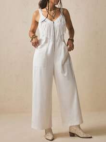 Levarali Women's Sleeveless Long Jumpsuit, Solid White With Tassels, Front Zipper, Straight Wide Leg Pants, Spring/Summer Elegant Cowboy Western Casual Boho - White - View 5